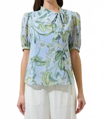 Sugarlips Sara Bloom Tie Neck Blouse In Wht-greens In Blue
