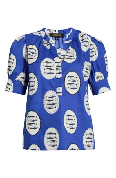 Sugarlips Sardine Sea Rosio Puff Sleeve Top In Blue