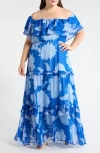 Sugarlips Seabloom Floral Gauri Off The Shoulder Maxi Dress In Blue
