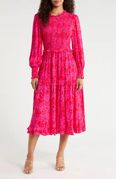 Sugarlips Seldy Smocked Bodice Long Sleeve Midi Dress In Pink