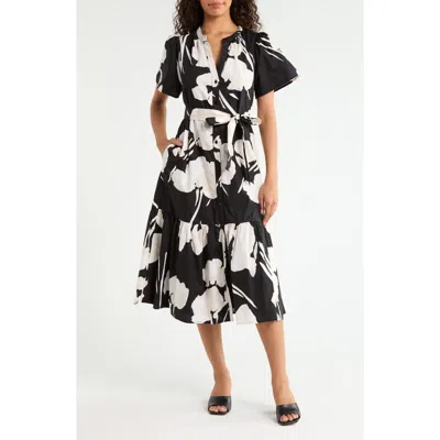 Sugarlips Shadow Floral Cora Button-up Cotton Midi Dress In Black