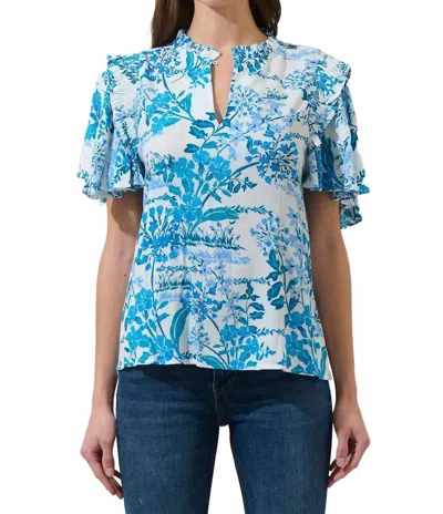 Sugarlips Sharron Bloom Ruffle Top In White-blue-combo