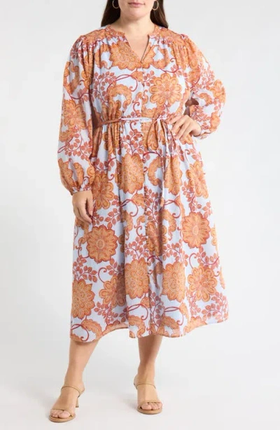 Sugarlips Siany Floral Ameni Long Sleeve Midi Shirtdress In Brown