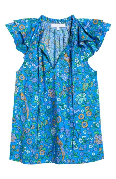 Sugarlips Siya Heidy Floral Flutter Sleeve Cotton Top In Blue