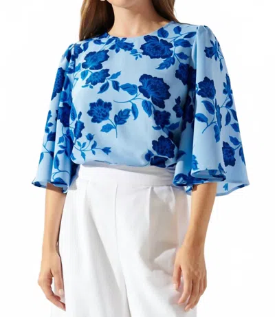Sugarlips Skyline Floral Flutter Sleeve Top In Blue Navy In Multi