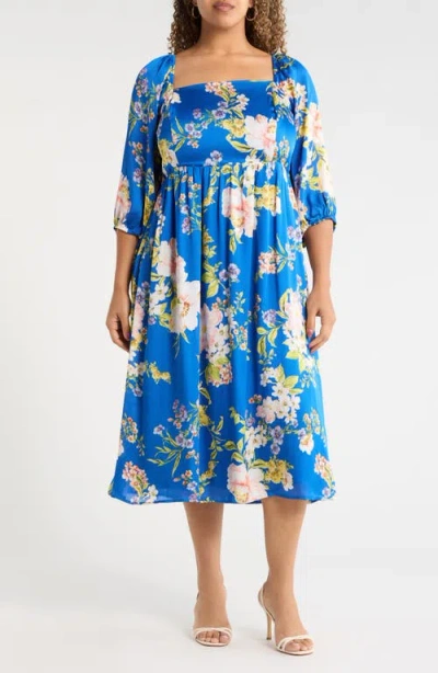 Sugarlips Solary Amaretto Metallic Floral Puff Sleeve Midi Dress In Blue