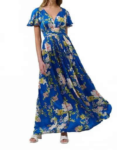 Sugarlips Solary Floral Eloray Pleated Maxi Dress In Cobalt Pink In Blue