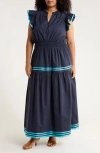 Sugarlips Solene Ruffle Cotton Maxi Dress In Blue