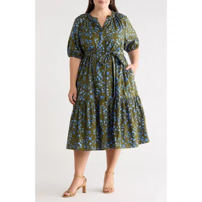 Sugarlips Solvay Floral Wynette Cotton Tiered Midi Shirtdress In Green