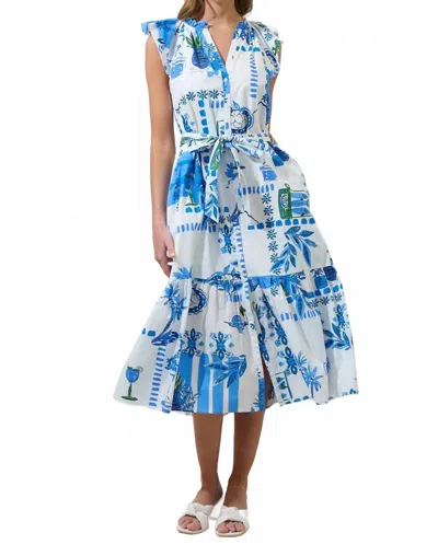 Sugarlips Sosy Postcard Charlotte Button Midi Dress In White Blue Grn