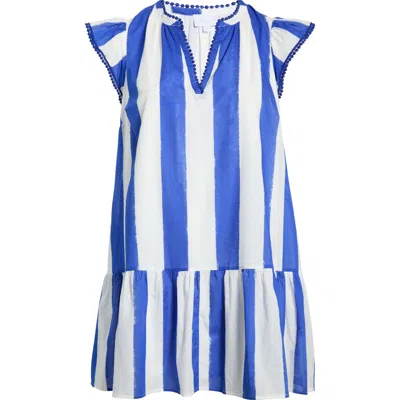 Sugarlips Stripe Cotton Split Neck Shift Minidress In Blue