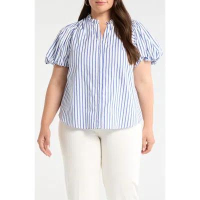 Sugarlips Striped Button Up Puff Sleeve Top In Gray