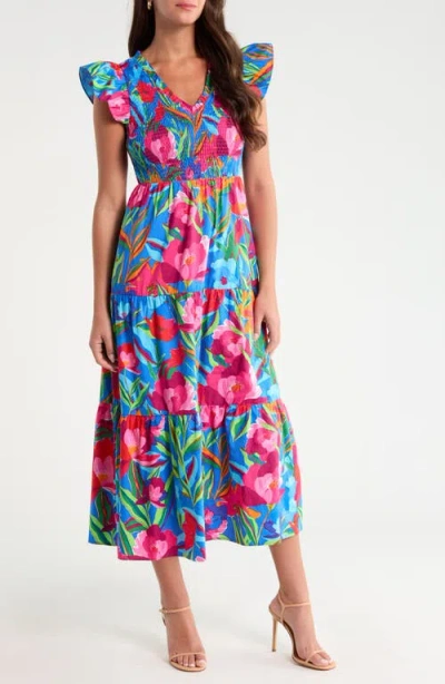 Sugarlips Sunfire Floral Tiered Cotton Midi Dress In Multi