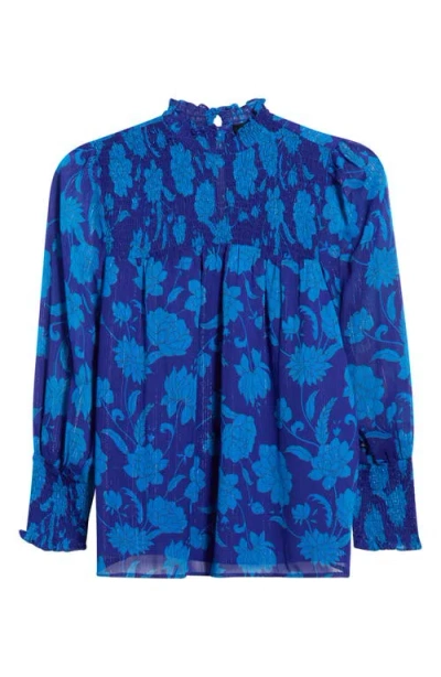 Sugarlips Sunnie Metallic Smocked Yoke Balloon Sleeve Top In Navy-multi