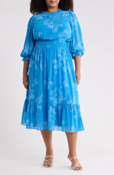 Sugarlips Surf Blossom Irene Smocked Midi Dress In Blue