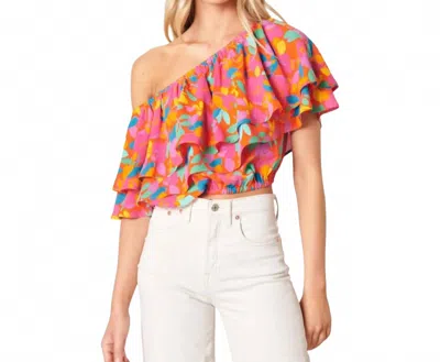 Sugarlips Sweet Soul Fruity Floral Charmer One Shoulder Ruffle Top In Orange Multi