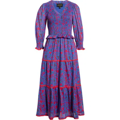 Sugarlips Tanya Floral Print Long Sleeve Smocked Dress In Blue