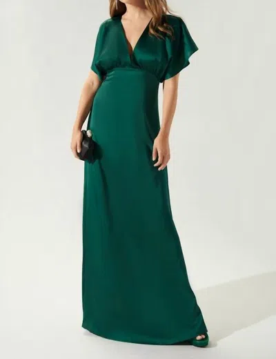 Sugarlips The Darling Flutter Satin Maxi Sleeve Dress In Emerald In Green