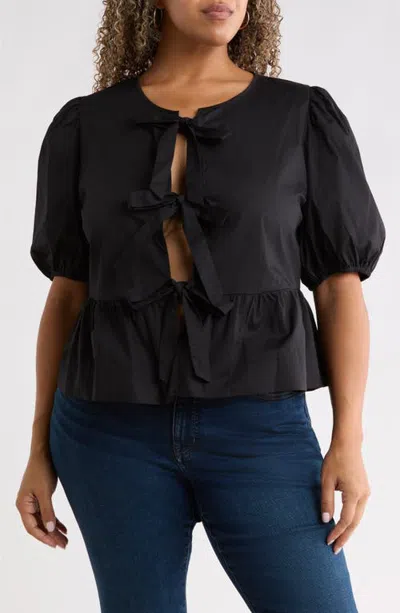 Sugarlips Tie Front Puff Sleeve Peplum Top In Black