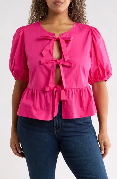 Sugarlips Tie Front Puff Sleeve Peplum Top In Fuchsia-rose