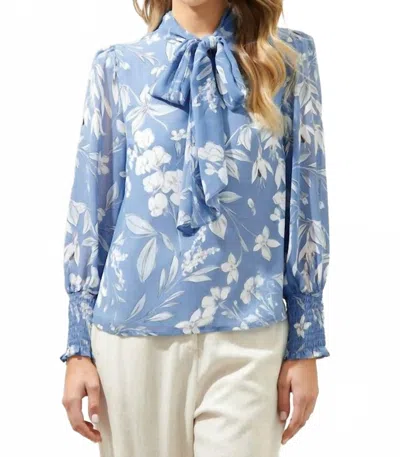 Sugarlips Tie Neck Long Sleeve Blouse In White/dusty Blue