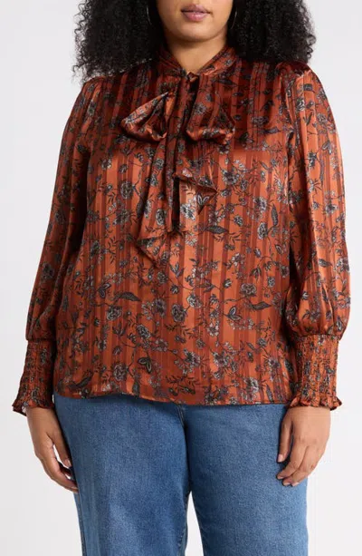 Sugarlips Tie Neck Long Sleeve Top In Brown-black