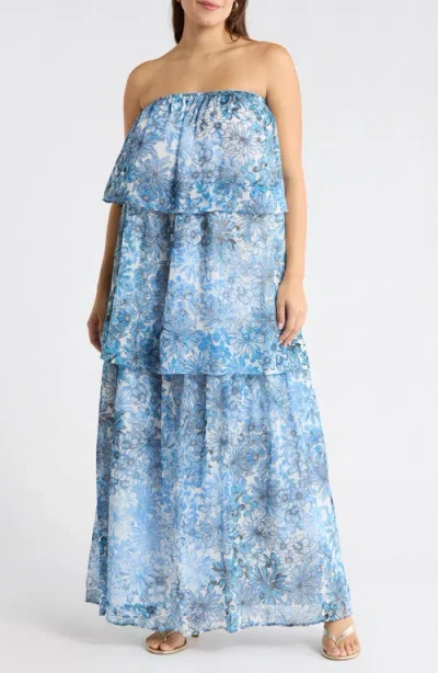Sugarlips Tierra Floral Briary Strapless Dress In Blue
