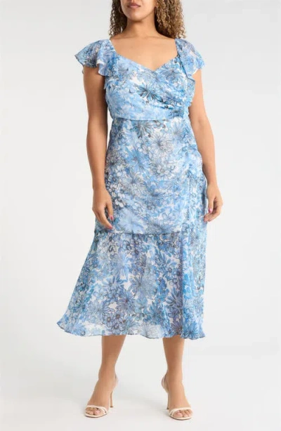 Sugarlips Tierra Floral Nadia Ruched Midi Dress In Blue