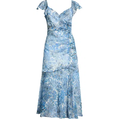 Sugarlips Tierra Floral Nadia Ruched Midi Dress In Blue