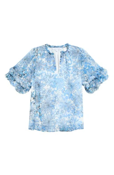 Sugarlips Tierra Floral Ruffle Trim Top In Blue