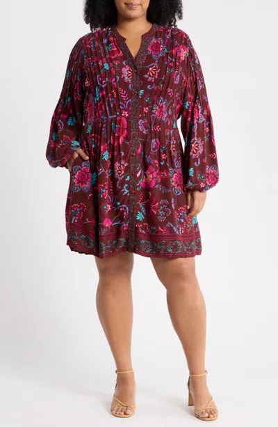 Sugarlips Tory Paisley Long Sleeve Babydoll Dress In Burgundy