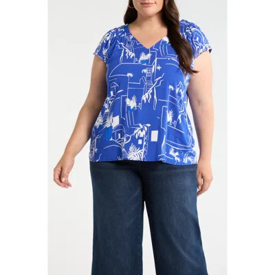 Sugarlips Town Print Smocked Top In Blue