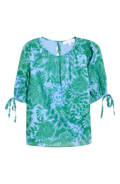Sugarlips Tressa Floral Kareli Puff Sleeve Top In Green