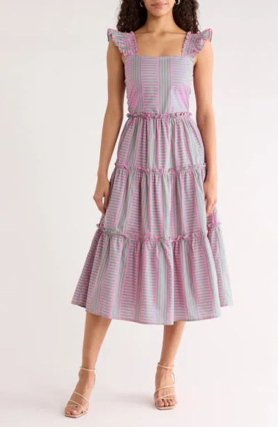Sugarlips Valda Mixed Stripe Tiered Cotton Sundress In Pink