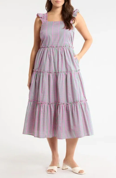 Sugarlips Valda Stripe Ruffle Tiered Midi Dress In Blue