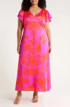 Sugarlips Vallie Floral Flutter Sleeve Satin Maxi Dress In Pink