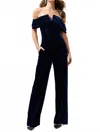 Sugarlips Velvet Off The Shoulder Jumpsuit In Navy Blue In Blue
