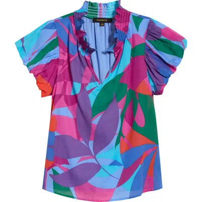 Sugarlips Vemmy Abstract Puff Sleeve Cotton Top In Blue