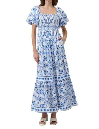 Sugarlips Veral Floral Berky Smocked Maxi Dress In White/ Blue