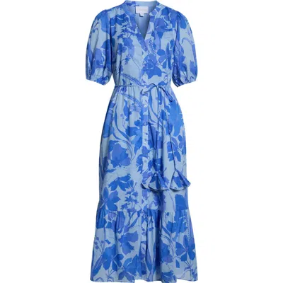 Sugarlips Veran Floral Button-up Tiered Cotton Shirtdress In Blue