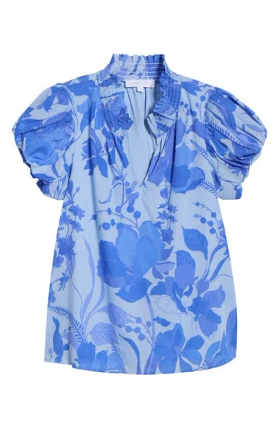 Sugarlips Veran Floral Puff Sleeve Cotton Top In Blue