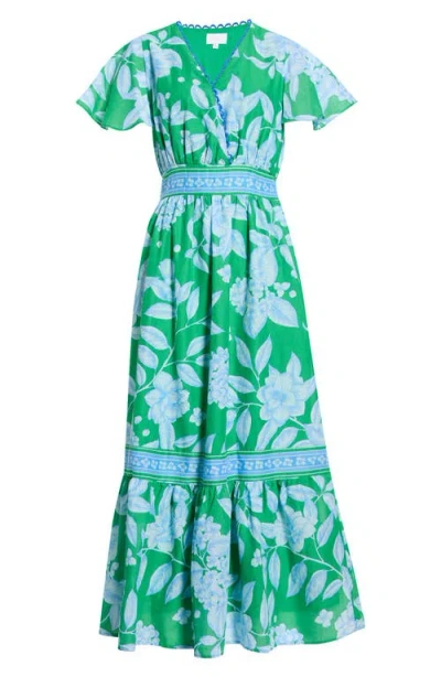 Sugarlips Verben Floral Print Surplice Neck Dress In Green