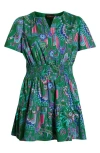 Sugarlips Vesper Geo Aylin Smocked Waist Cotton Minidress In Green