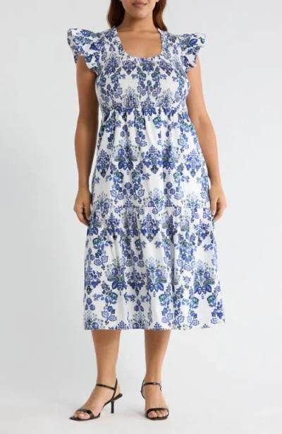 Sugarlips Viara Floral Giza Smocked Cotton Midi Dress In Blue