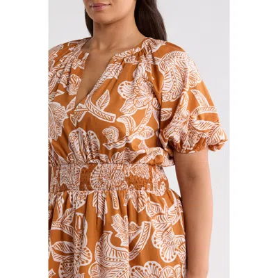 Sugarlips Vivian Puff Sleeve Midi Dress In Brown