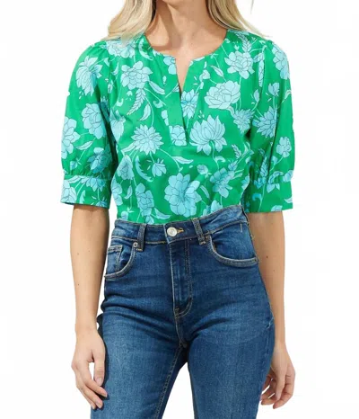 Sugarlips Waterlilly Floral Balloon Sleeve Top In Light Blue In Green