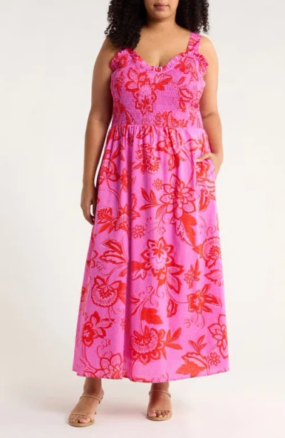 Sugarlips Weirly Floral Smocked Bodice Cotton Maxi Sundress In Pink
