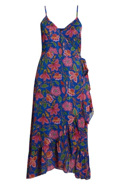 Sugarlips Wendey Metallic Floral Ruffle Cocktail Wrap Dress In Blue