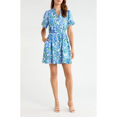 Sugarlips Wendie Floral Print Tie Waist Minidress In White-blue-green