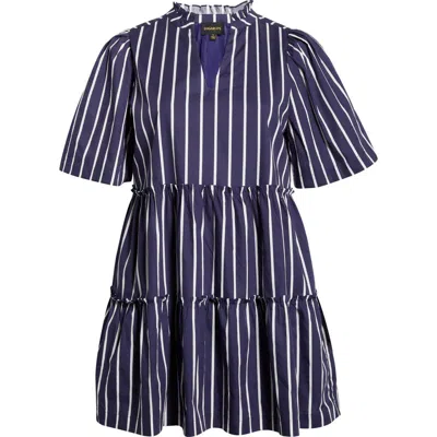 Sugarlips Stripe Split Neck Trapeze Dress In Blue
